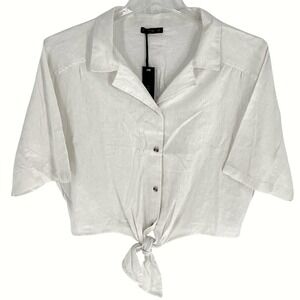 Cotton On White Linen Blend Cropped Button Front Tie Shirt Top Women's Size L